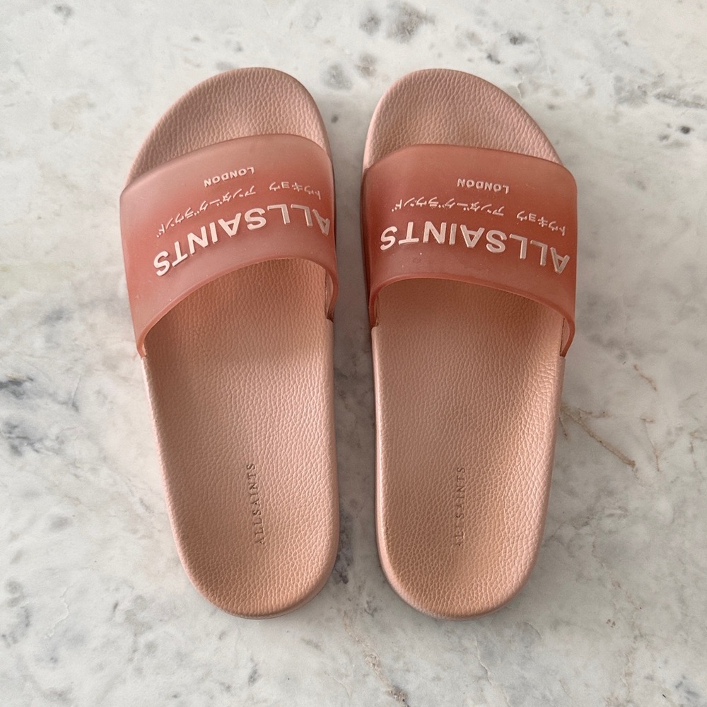 All Saints Coral Pink Logo Slide Sandals